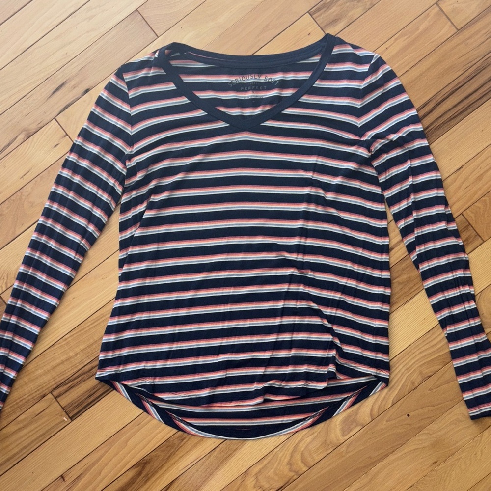 Aeropostale Navy and Pink Striped Long Sleeve Tee
